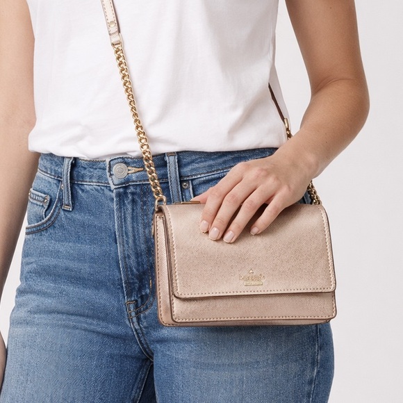kate spade Handbags - Kate Spade Rose Gold Metallic Leather Flap Crossbody Bag Chain Purse